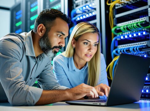 IT pros analyze laptop screen in server room with glowing racks. Man and woman collaborate on computer, working with network infrastructure and data. Tech team operates modern databank.