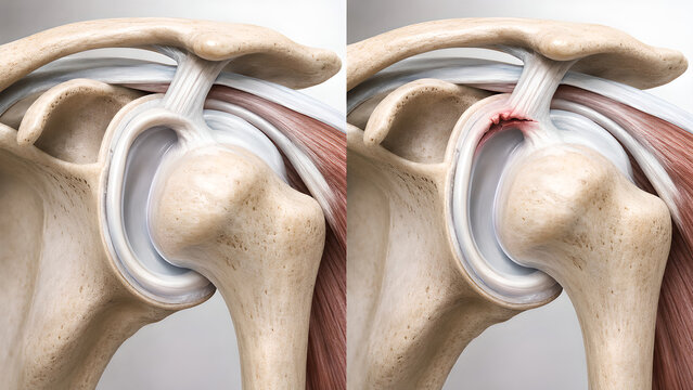 Shoulder labral tear SLAP lesion comparison medical illustration showing normal glenohumeral joint versus injured superior labrum for orthopedic education, sports medicine, and patient care design