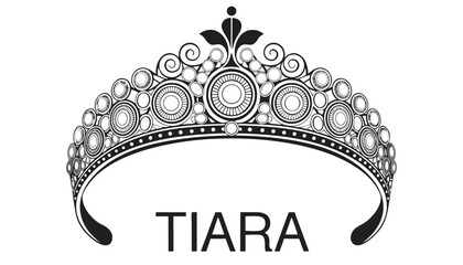 Very beautiful black and white realistic vector illustration of a royal tiara featuring engraved gemstones, bold label reading "TIARA", detailed crown linework, isolated on white background. © williamnoah