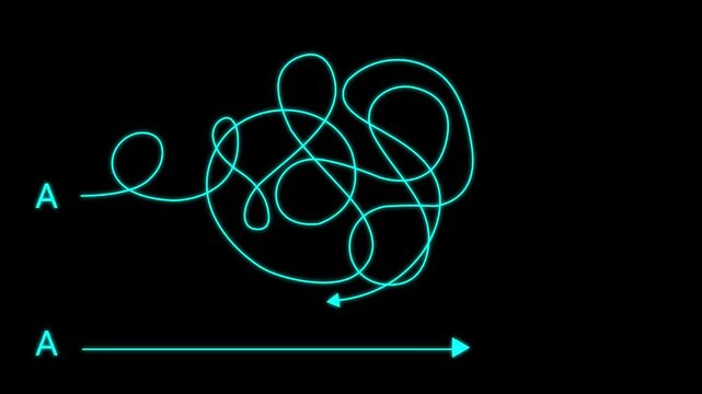 Complex and easy way from point A to B. hand drawn doodle scribble chaos path lines. kids tracing paths, problem solving, decision making maze navigation black background 4k motion graphics.