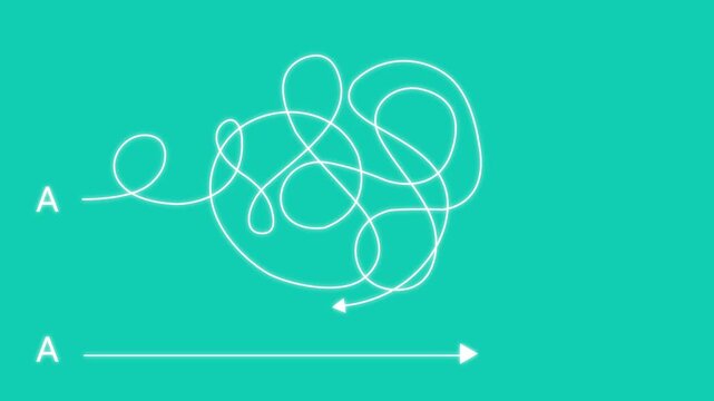 Complex and easy way from point A to B. hand drawn doodle scribble chaos path lines. kids tracing paths, problem solving, decision making maze navigation black background 4k motion graphics.