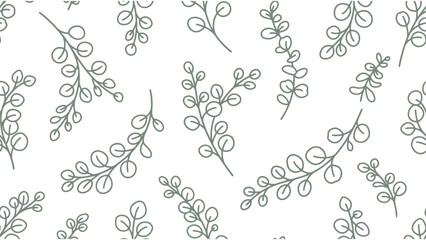 Seamless pattern with hand drawn green eucalyptus leaves and branches in line art style © Mahraz