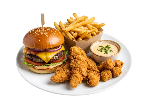 Close up of juicy burger with golden fries and crispy chicken tenders on white plate on white background , Isolated on Transparent Background, PNG, Generative AI