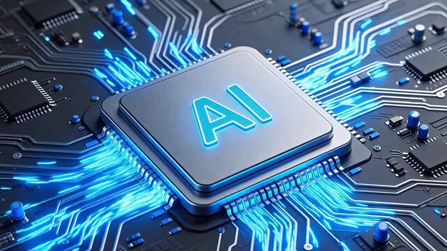 AI chip on circuit board with glowing lines