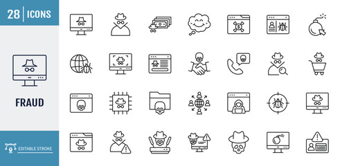 Fraud icon set. including cybercrime, scam, phishing, hacker, and more. outline icon set. vector illustration with editable stroke © Control New