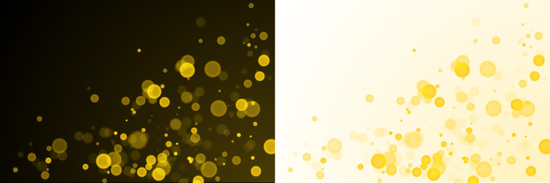 Sparkling golden particles, glowing bokeh lights isolated on dark transparent background	
