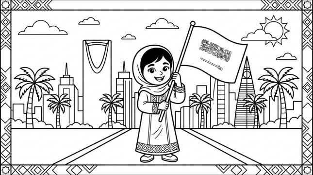 Coloring book illustration, Kuwaiti girl holding flag, cityscape background, black and white, vector graphics