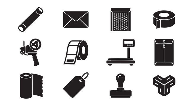 Office Supply Icons, Stationery Symbols, Black Vector Graphics, 13 Piece Set