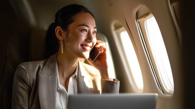 Smiling woman using mobile phone near airplane window with golden light. Concept of staying connected, mobile roaming, and joyful travel experience.
