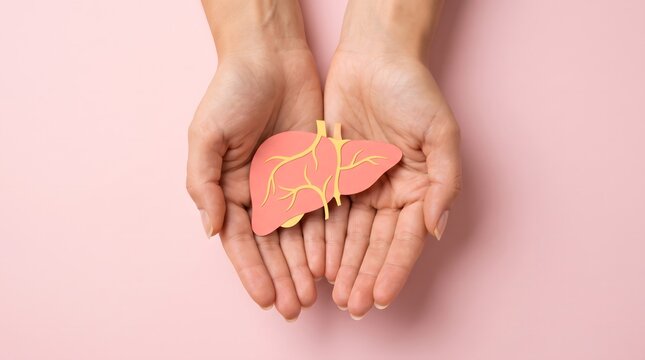 Person holding paper craft liver organ model with hand drawn vessel details on plain pink background concept of organ donation and health awareness.