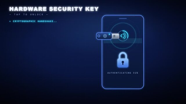 Hardware security key tapping smartphone via NFC for cryptographic two factor authentication and successful unlock.