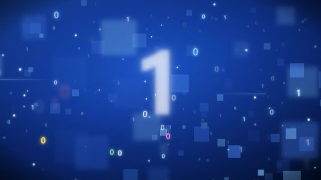 Abstract glowing binary code numbers and digital data particles floating through blue cyberspace.