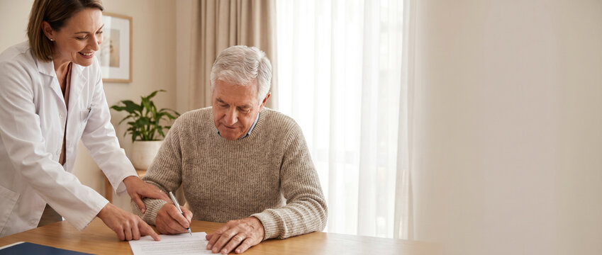 Senior patient signs treatment authorization documents while compassionate physician explains paperwork in bright private consultation room, conveying trust, informed consent and quality healthcare.