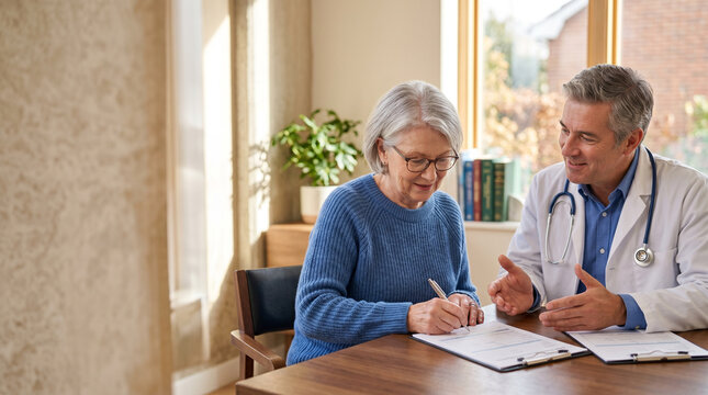 Senior patient signs treatment authorization documents while compassionate physician explains paperwork in bright private consultation room, conveying trust, informed consent and quality healthcare.