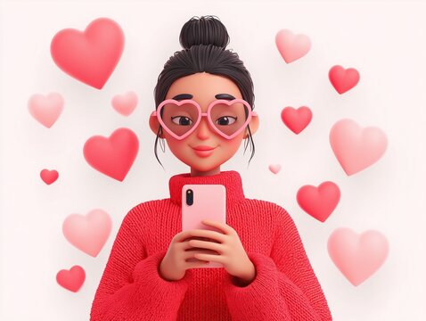 Young girl with heart-shaped glasses smiling at her mobile screen amid flying hearts. Concept of romantic surprise, Valentine's gift, and heartfelt communication.