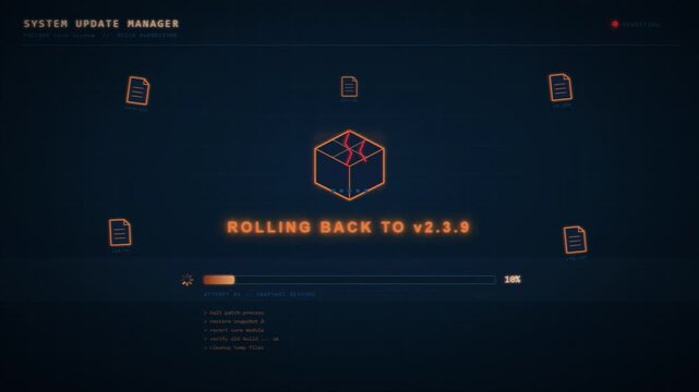 Futuristic system update manager interface with progress bar, glitching error, and software rollback animation.