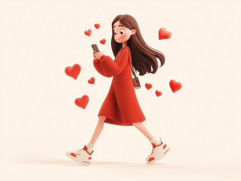 A young woman in a red dress looks at her phone surrounded by hearts. Concept of online dating, social media likes, and digital love.