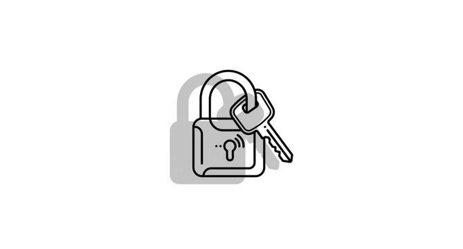 Minimalist lock and key line art icon with abstract offset gray shadow modern security logo vector graphic design
