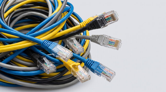 Tangled mess of colorful Ethernet network cables