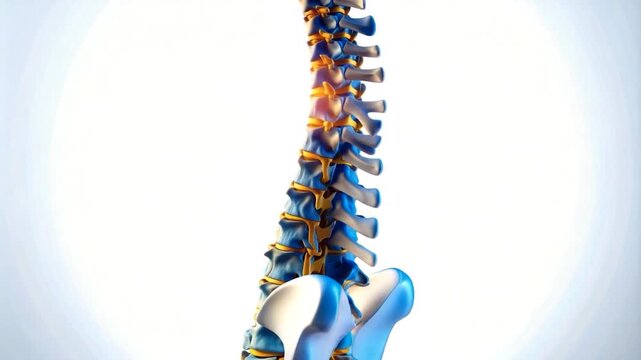 Anatomical illustration of a human spine, blue and gold hues, white background