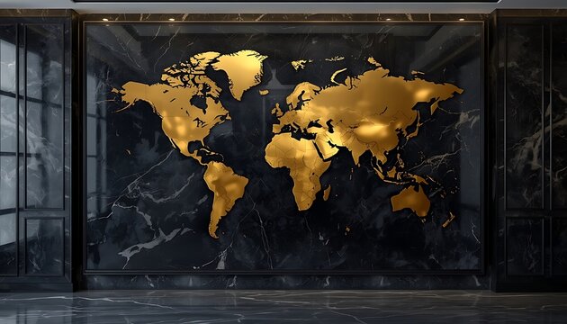 Glowing golden world map on a dark office wall