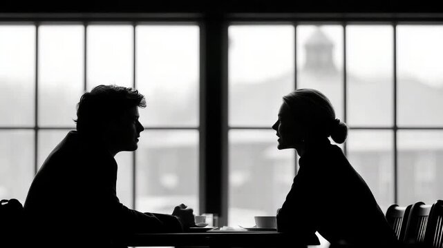 Black and white view of a young couple sitting at a cafe table, engaging in conversation in front of a large window.