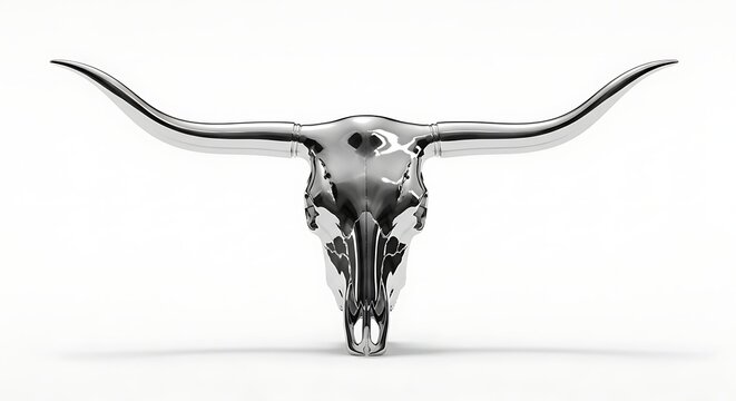 Elegant Shiny Chrome Longhorn Bull Skull 3D Illustration Isolated on White Background
