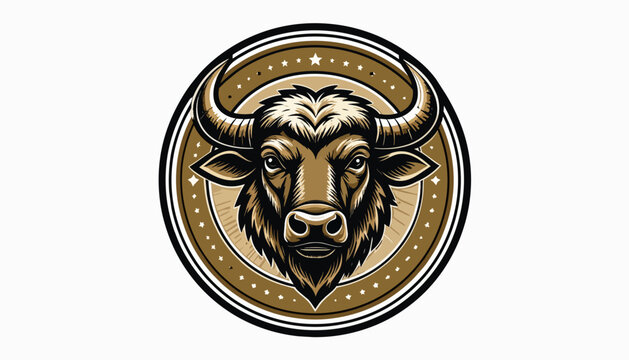 Powerful bison head badge with rustic circular border and stars