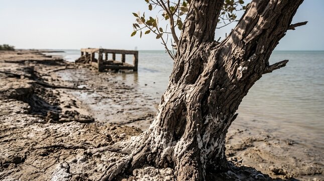 Soil salinity intrusion showing dry cracked earth and salt crust on a dead tree root near the coast