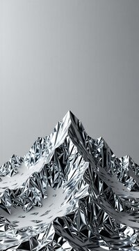 Silver foil forms abstract mountain peaks against a clean grey backdrop. Reflective, crumpled metallic surfaces create dramatic shadows and sharp geometric shapes in this vertical, minimalist design.