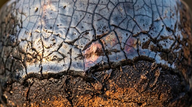 Macro close up texture of an iridescent cracked raku pottery ceramic glaze