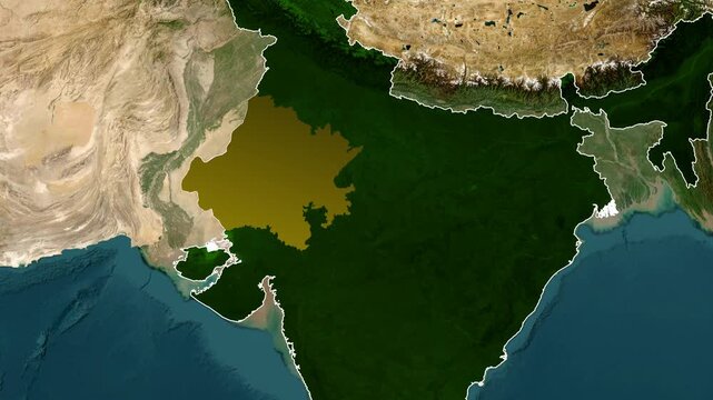 Animated Rajasthan State Map Reveal with India Geographic Landscape, Regional Border Highlight, Smooth Camera Zoom, Cartographic Motion Background for News and Presentations
