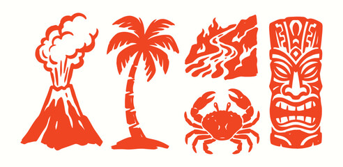 Tropical island icons with volcano and palm tree in orange stencil style for travel branding © WS