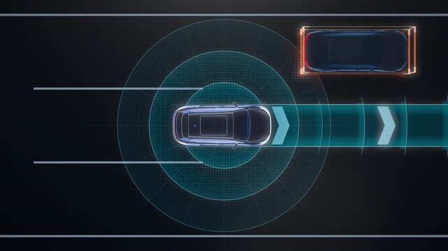 Top View Autonomous Car Sensors Monitoring Traffic Moving Left to Right