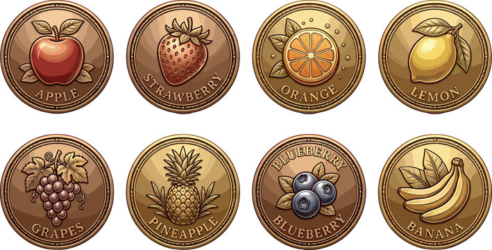 Vintage bronze and gold coin fruit tokens vector set featuring embossed apple strawberry orange lemon grapes pineapple blueberry banana,
