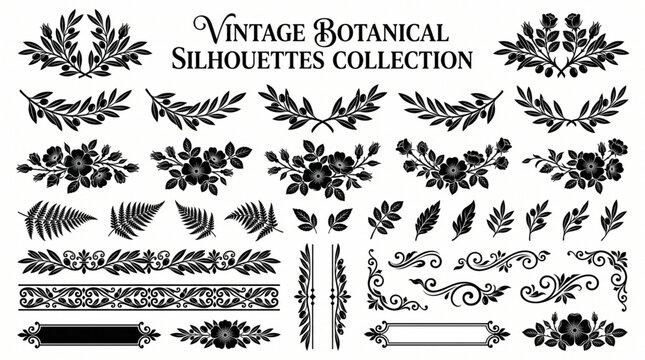 Large collection of vintage botanical silhouette ornaments featuring symmetrical laurel wreaths, olive twigs, wild rose dividers, fern foliage leaves, text banners, and filigree corner frames