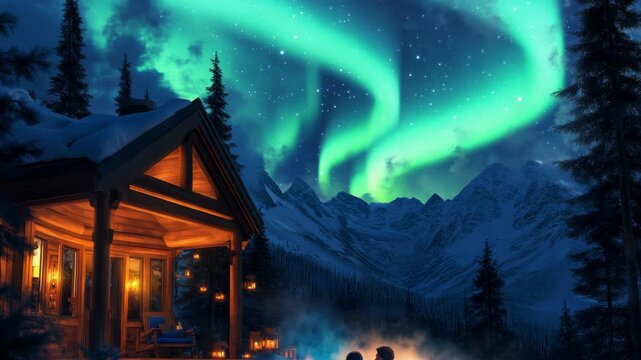 Cozy wooden cabin under green northern lights in snowy mountains, winter vacation retreat, magical aurora night, peaceful holiday escape.