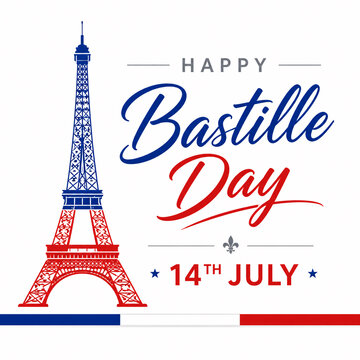 Happy Bastille Day 14th July Greeting Card with Eiffel Tower and French Tricolor Typography
