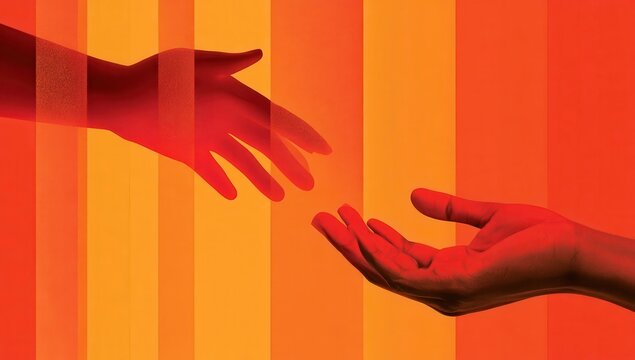 Two hands reaching for connection in abstract red and orange gradient composition