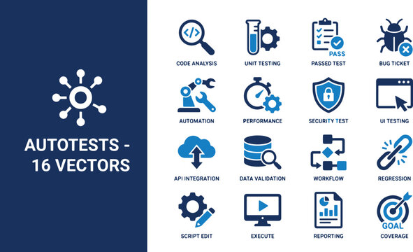 Advanced Autotests and QA Automation Vector Icon Set for Modern Software Quality Assurance and DevOps Pipeline Testing.