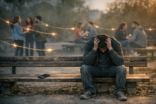 A person sits on a park bench, looking troubled and defeated