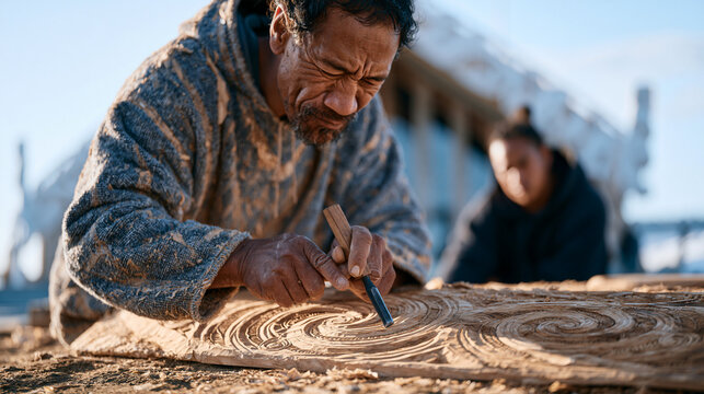 Maori carver using traditional chisel to detail intricate koru spiral pattern on wooden panel in outdoor workshop, wood shavings scattered on earthen ground, cultural art center