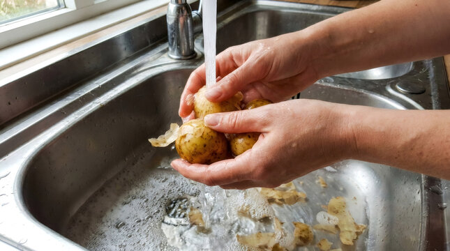 Woman washing fresh potatoes under running water in kitchen sink. Preparation of raw vegetable for cooking meal at home. Healthy food ingredient and domestic culinary activity concept.