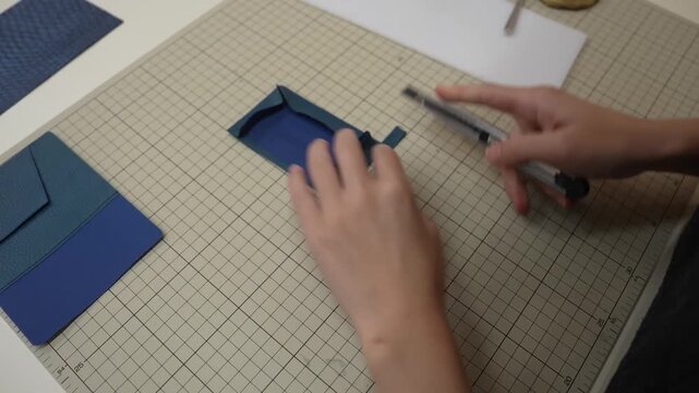 Scissors trim rounded corner from blue leather panel