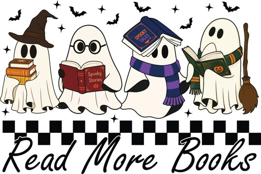  Cute Bookish Ghosts Reading Halloween PNG
