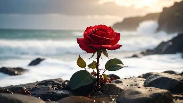 A red rose blooms on rocks by a turbulent ocean. Golden light filters through