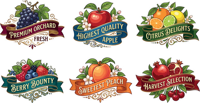 Vintage fruit label vector logo emblem set featuring elegant ribbon banners for organic orchard vineyard and harvest selection
