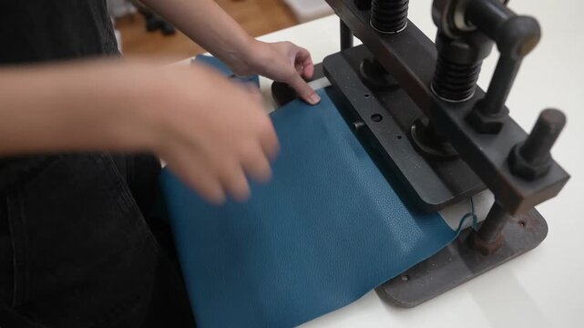 Hands position blue leather sheet under press machine cutting die