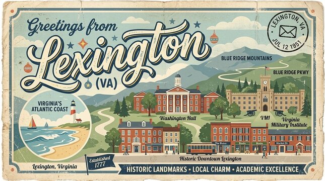 Vintage Postcard: Greetings from Lexington, Virginia &ndash; Iconic Universities, Blue Ridge Mountains, Historic Downtown, and Atlantic Coast Charm