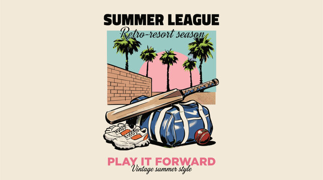 Summer league cricket design. Retro resort season artwork. Vintage sport t shirt graphic.